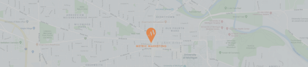 Metric Marketing headquarters pinpointed on a GPS map in the middle of Ann Arbor.