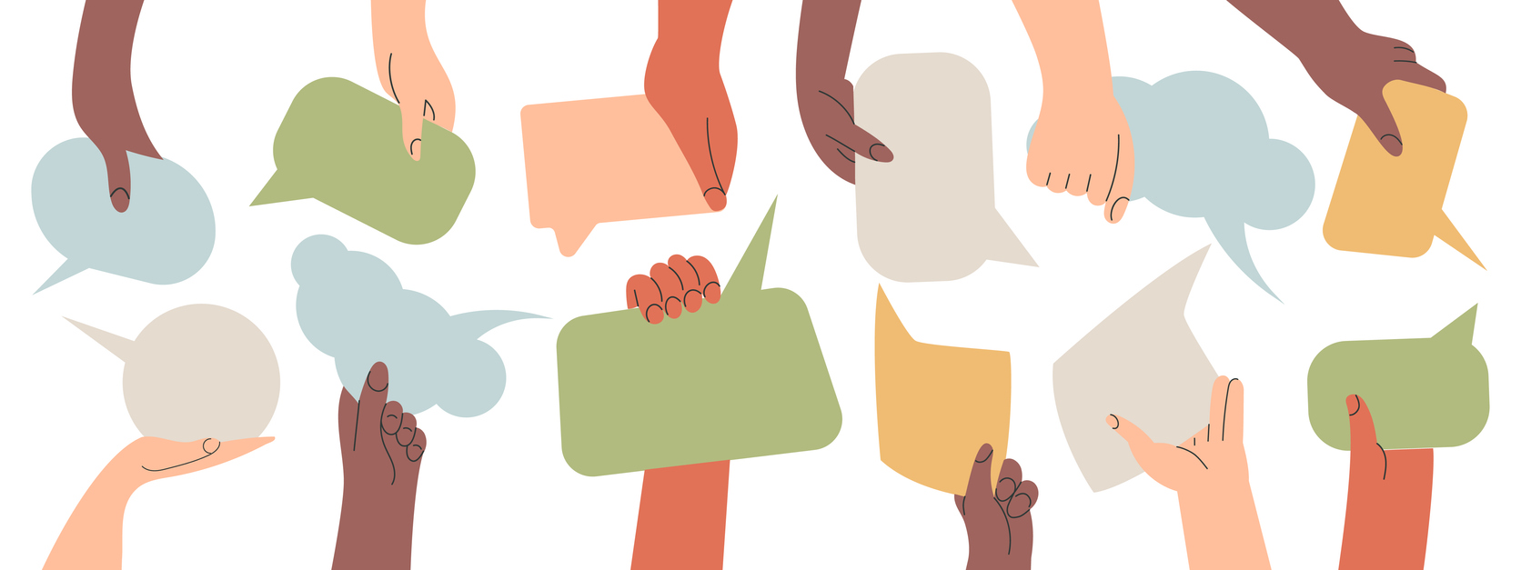 People's hands exchange ideas and holding speech bubble with vote and comment. Team cooperation communicate collaborate. Diversity multicultural group with talk message cartoon vector illustration