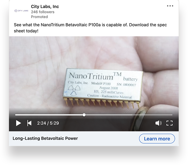 City Labs nanotritium betavoltaic battery demo video thumbnail