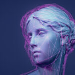 3D rendered classic sculpture Metaverse avatar with network of low-poly glowing purple lines