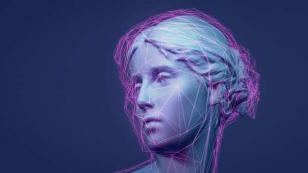 3D rendered classic sculpture Metaverse avatar with network of low-poly glowing purple lines Mobile