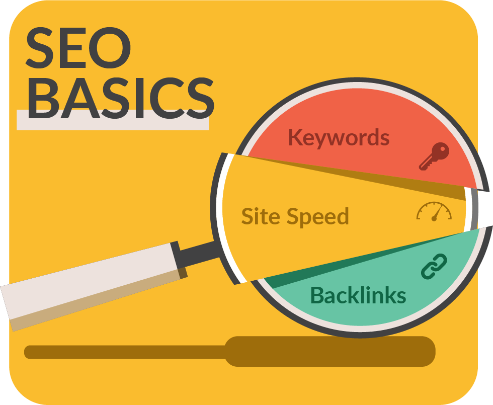 magnifying glass split up into SEO basics