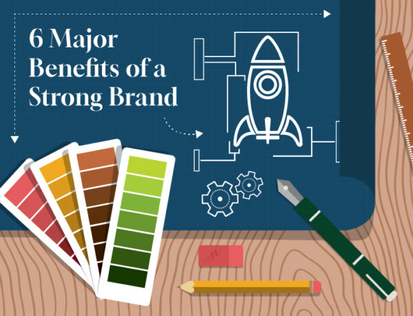 smaller image of the wood background, blackboard, color swatches and a sketch of a rocket ship illustrating benifits to having a strong brand.